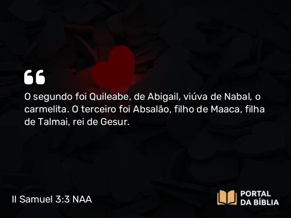 II Samuel 3:3-4 NAA - O segundo foi Quileabe, de Abigail, viúva de Nabal, o carmelita. O terceiro foi Absalão, filho de Maaca, filha de Talmai, rei de Gesur.