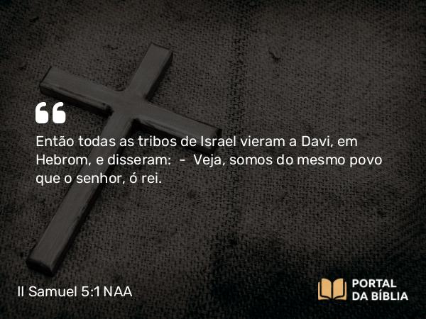 II Samuel 5:1 NAA - Então todas as tribos de Israel vieram a Davi, em Hebrom, e disseram: — Veja, somos do mesmo povo que o senhor, ó rei.