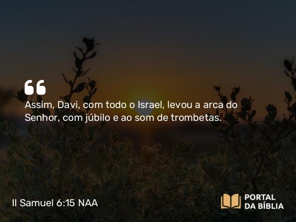 II Samuel 6:15 NAA - Assim, Davi, com todo o Israel, levou a arca do Senhor, com júbilo e ao som de trombetas.