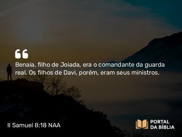 II Samuel 8:18 NAA - Benaia, filho de Joiada, era o comandante da guarda real. Os filhos de Davi, porém, eram seus ministros.