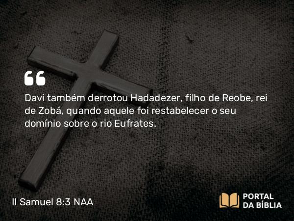 II Samuel 8:3 NAA - Davi também derrotou Hadadezer, filho de Reobe, rei de Zobá, quando aquele foi restabelecer o seu domínio sobre o rio Eufrates.