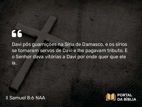 II Samuel 8:6 NAA - Davi pôs guarnições na Síria de Damasco, e os sírios se tornaram servos de Davi e lhe pagavam tributo. E o Senhor dava vitórias a Davi por onde quer que ele ia.