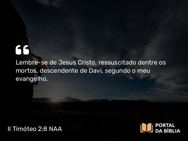 II Timóteo 2:8 NAA - Lembre-se de Jesus Cristo, ressuscitado dentre os mortos, descendente de Davi, segundo o meu evangelho.