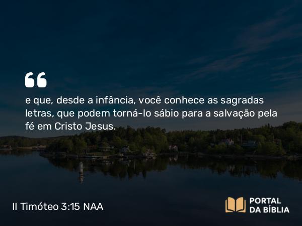 II Timóteo 3:15 NAA - e que, desde a infância, você conhece as sagradas letras, que podem torná-lo sábio para a salvação pela fé em Cristo Jesus.