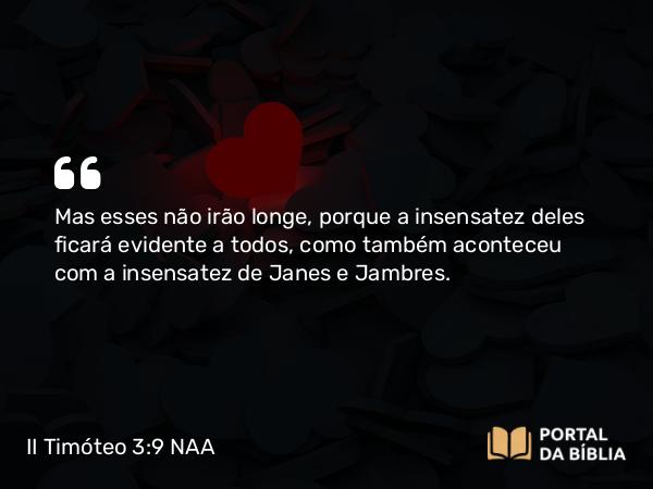 II Timóteo 3:9 NAA - Mas esses não irão longe, porque a insensatez deles ficará evidente a todos, como também aconteceu com a insensatez de Janes e Jambres.