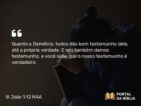 III João 1:12 NAA - Quanto a Demétrio, todos dão bom testemunho dele, até a própria verdade. E nós também damos testemunho, e você sabe que o nosso testemunho é verdadeiro.