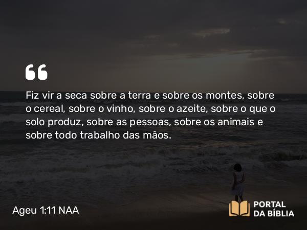 Ageu 1:11 NAA - Fiz vir a seca sobre a terra e sobre os montes, sobre o cereal, sobre o vinho, sobre o azeite, sobre o que o solo produz, sobre as pessoas, sobre os animais e sobre todo trabalho das mãos.