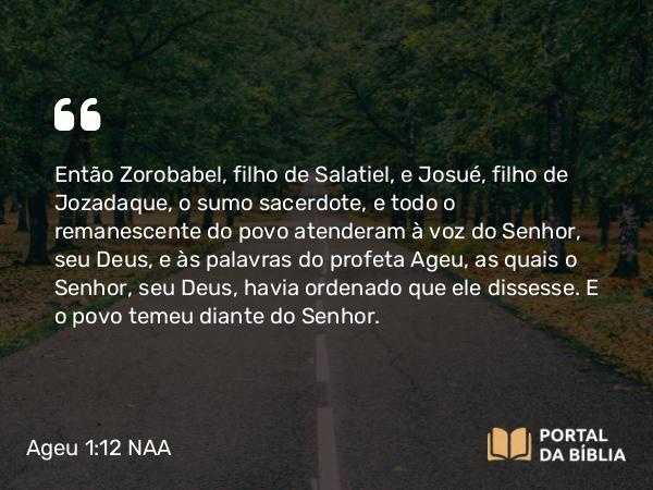 Ageu 1:12 NAA - Então Zorobabel, filho de Salatiel, e Josué, filho de Jozadaque, o sumo sacerdote, e todo o remanescente do povo atenderam à voz do Senhor, seu Deus, e às palavras do profeta Ageu, as quais o Senhor, seu Deus, havia ordenado que ele dissesse. E o povo temeu diante do Senhor.