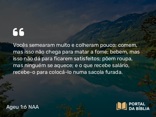 Ageu 1:6 NAA - Vocês semearam muito e colheram pouco; comem, mas isso não chega para matar a fome; bebem, mas isso não dá para ficarem satisfeitos; põem roupa, mas ninguém se aquece; e o que recebe salário, recebe-o para colocá-lo numa sacola furada.