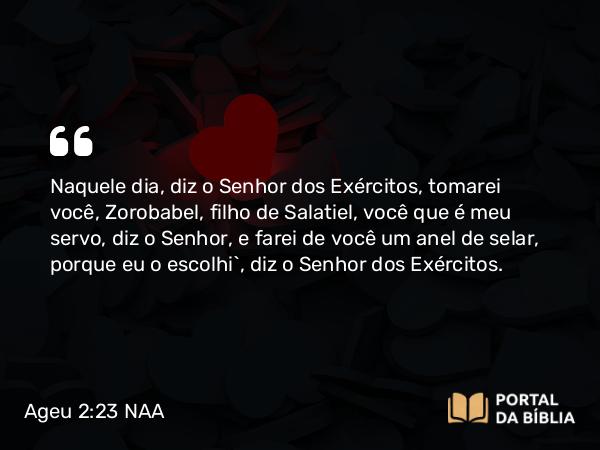 Ageu 2:23 NAA - Naquele dia, diz o Senhor dos Exércitos, tomarei você, Zorobabel, filho de Salatiel, você que é meu servo, diz o Senhor, e farei de você um anel de selar, porque eu o escolhi