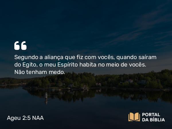 Ageu 2:5 NAA - Segundo a aliança que fiz com vocês, quando saíram do Egito, o meu Espírito habita no meio de vocês. Não tenham medo.