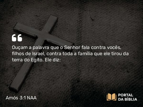 Amós 3:1 NAA - Ouçam a palavra que o Senhor fala contra vocês, filhos de Israel, contra toda a família que ele tirou da terra do Egito. Ele diz: