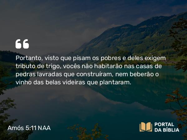 Amós 5:11 NAA - Portanto, visto que pisam os pobres e deles exigem tributo de trigo, vocês não habitarão nas casas de pedras lavradas que construíram, nem beberão o vinho das belas videiras que plantaram.