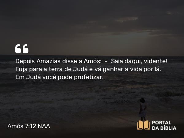 Amós 7:12 NAA - Depois Amazias disse a Amós: — Saia daqui, vidente! Fuja para a terra de Judá e vá ganhar a vida por lá. Em Judá você pode profetizar.