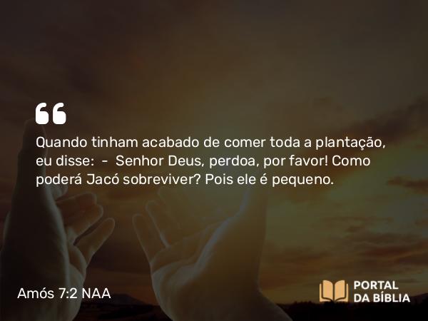 Amós 7:2 NAA - Quando tinham acabado de comer toda a plantação, eu disse: — Senhor Deus, perdoa, por favor! Como poderá Jacó sobreviver? Pois ele é pequeno.