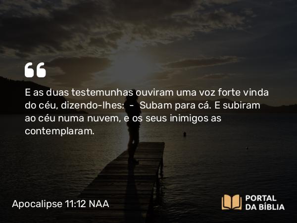 Apocalipse 11:12 NAA - E as duas testemunhas ouviram uma voz forte vinda do céu, dizendo-lhes: — Subam para cá. E subiram ao céu numa nuvem, e os seus inimigos as contemplaram.