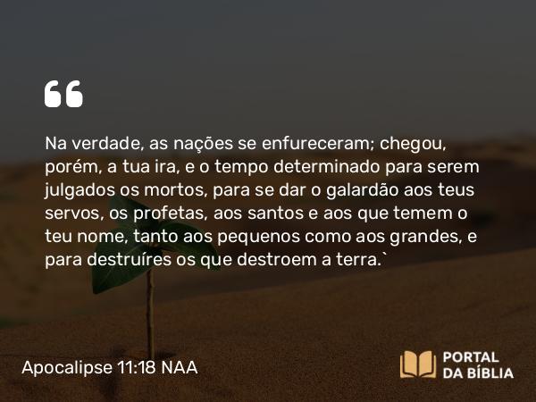 Apocalipse 11:18 NAA - Na verdade, as nações se enfureceram; chegou, porém, a tua ira, e o tempo determinado para serem julgados os mortos, para se dar o galardão aos teus servos, os profetas, aos santos e aos que temem o teu nome, tanto aos pequenos como aos grandes, e para destruíres os que destroem a terra.