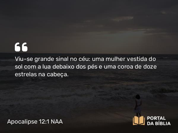 Apocalipse 12:1 NAA - Viu-se grande sinal no céu: uma mulher vestida do sol com a lua debaixo dos pés e uma coroa de doze estrelas na cabeça.