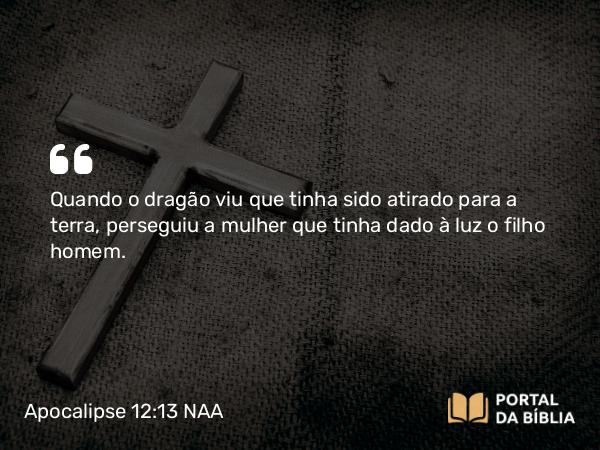 Apocalipse 12:13 NAA - Quando o dragão viu que tinha sido atirado para a terra, perseguiu a mulher que tinha dado à luz o filho homem.