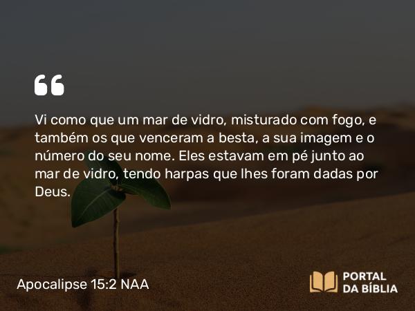 Apocalipse 15:2 NAA - Vi como que um mar de vidro, misturado com fogo, e também os que venceram a besta, a sua imagem e o número do seu nome. Eles estavam em pé junto ao mar de vidro, tendo harpas que lhes foram dadas por Deus.