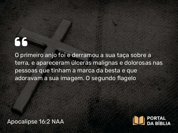 Apocalipse 16:2 NAA - O primeiro anjo foi e derramou a sua taça sobre a terra, e apareceram úlceras malignas e dolorosas nas pessoas que tinham a marca da besta e que adoravam a sua imagem.