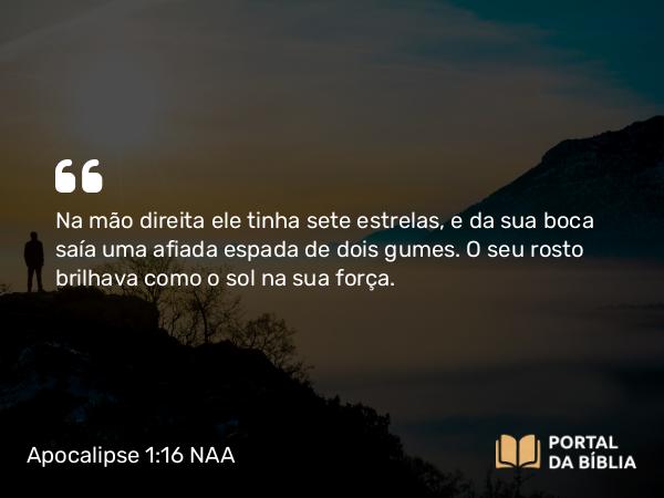 Apocalipse 1:16 NAA - Na mão direita ele tinha sete estrelas, e da sua boca saía uma afiada espada de dois gumes. O seu rosto brilhava como o sol na sua força.