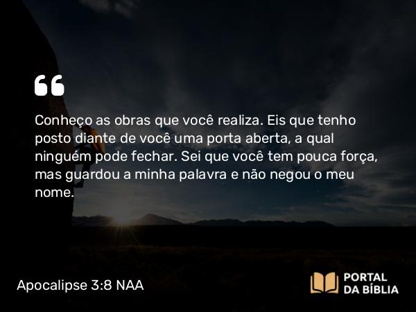 Apocalipse 3:8 NAA - Conheço as obras que você realiza. Eis que tenho posto diante de você uma porta aberta, a qual ninguém pode fechar. Sei que você tem pouca força, mas guardou a minha palavra e não negou o meu nome.