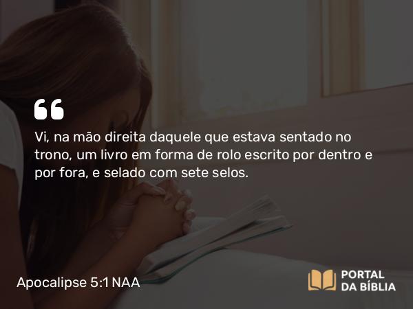 Apocalipse 5:1 NAA - Vi, na mão direita daquele que estava sentado no trono, um livro em forma de rolo escrito por dentro e por fora, e selado com sete selos.