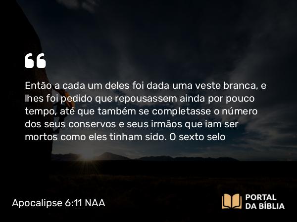 Apocalipse 6:11 NAA - Então a cada um deles foi dada uma veste branca, e lhes foi pedido que repousassem ainda por pouco tempo, até que também se completasse o número dos seus conservos e seus irmãos que iam ser mortos como eles tinham sido.