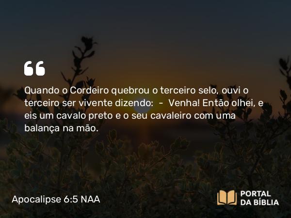 Apocalipse 6:5 NAA - Quando o Cordeiro quebrou o terceiro selo, ouvi o terceiro ser vivente dizendo: — Venha! Então olhei, e eis um cavalo preto e o seu cavaleiro com uma balança na mão.