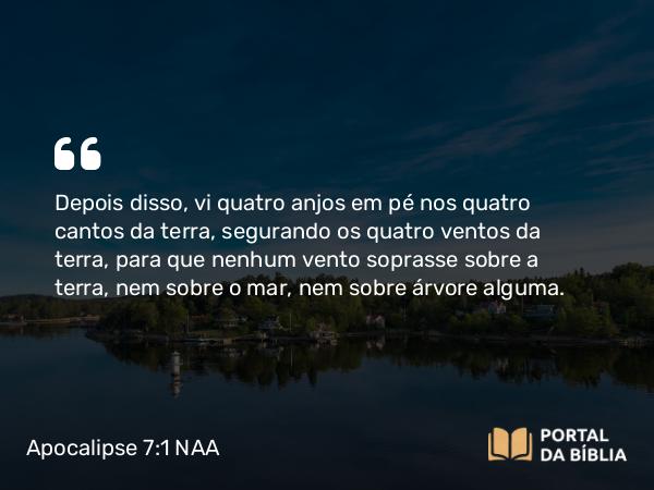 Apocalipse 7:1 NAA - Depois disso, vi quatro anjos em pé nos quatro cantos da terra, segurando os quatro ventos da terra, para que nenhum vento soprasse sobre a terra, nem sobre o mar, nem sobre árvore alguma.