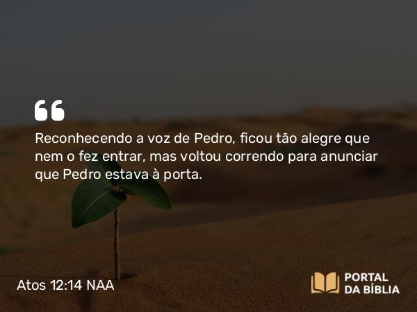 Atos 12:14 NAA - Reconhecendo a voz de Pedro, ficou tão alegre que nem o fez entrar, mas voltou correndo para anunciar que Pedro estava à porta.