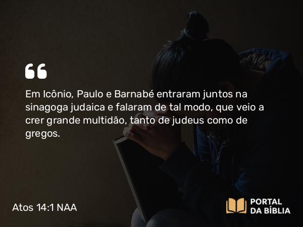 Atos 14:1 NAA - Em Icônio, Paulo e Barnabé entraram juntos na sinagoga judaica e falaram de tal modo, que veio a crer grande multidão, tanto de judeus como de gregos.