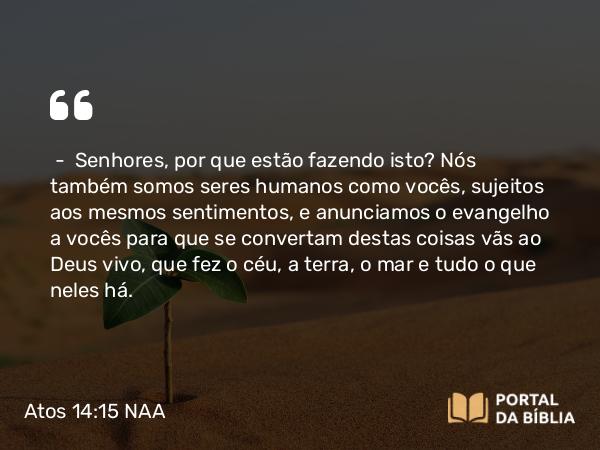 Atos 14:15-16 NAA - — Senhores, por que estão fazendo isto? Nós também somos seres humanos como vocês, sujeitos aos mesmos sentimentos, e anunciamos o evangelho a vocês para que se convertam destas coisas vãs ao Deus vivo, que fez o céu, a terra, o mar e tudo o que neles há.