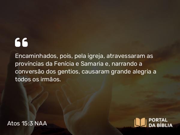 Atos 15:3 NAA - Encaminhados, pois, pela igreja, atravessaram as províncias da Fenícia e Samaria e, narrando a conversão dos gentios, causaram grande alegria a todos os irmãos.