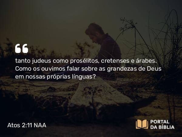 Atos 2:11 NAA - tanto judeus como prosélitos, cretenses e árabes. Como os ouvimos falar sobre as grandezas de Deus em nossas próprias línguas?