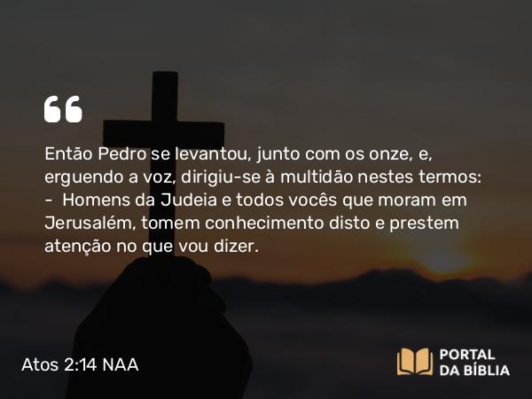 Atos 2:14 NAA - Então Pedro se levantou, junto com os onze, e, erguendo a voz, dirigiu-se à multidão nestes termos: — Homens da Judeia e todos vocês que moram em Jerusalém, tomem conhecimento disto e prestem atenção no que vou dizer.