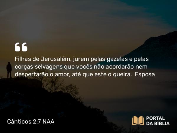 Cânticos 2:7 NAA - Filhas de Jerusalém, jurem pelas gazelas e pelas corças selvagens que vocês não acordarão nem despertarão o amor, até que este o queira.