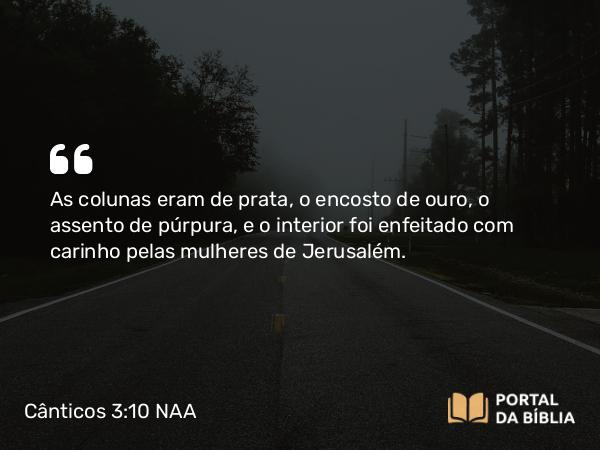 Cânticos 3:10 NAA - As colunas eram de prata, o encosto de ouro, o assento de púrpura, e o interior foi enfeitado com carinho pelas mulheres de Jerusalém.