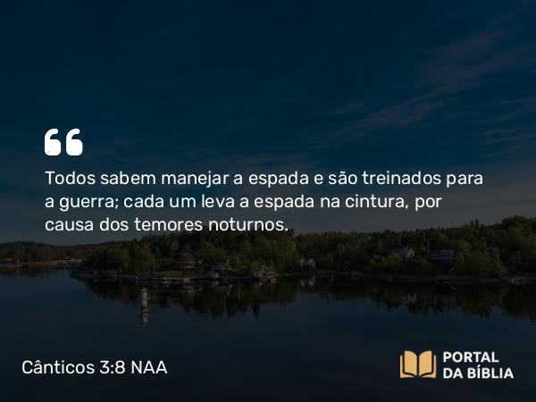 Cânticos 3:8 NAA - Todos sabem manejar a espada e são treinados para a guerra; cada um leva a espada na cintura, por causa dos temores noturnos.