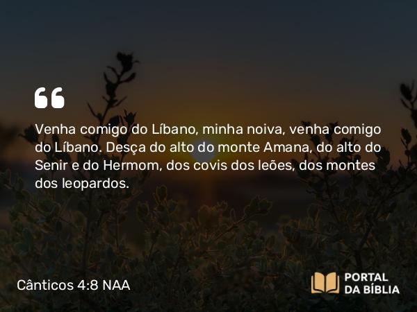 Cânticos 4:8 NAA - Venha comigo do Líbano, minha noiva, venha comigo do Líbano. Desça do alto do monte Amana, do alto do Senir e do Hermom, dos covis dos leões, dos montes dos leopardos.