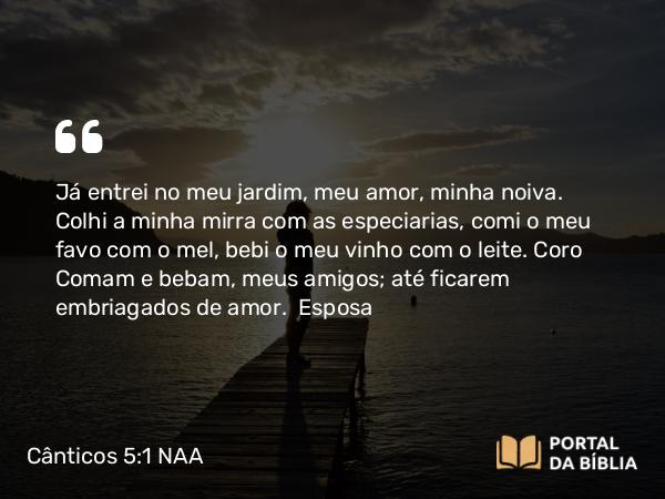 Cânticos 5:1 NAA - Já entrei no meu jardim, meu amor, minha noiva. Colhi a minha mirra com as especiarias, comi o meu favo com o mel, bebi o meu vinho com o leite. Comam e bebam, meus amigos; até ficarem embriagados de amor.