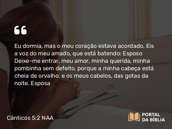 Cânticos 5:2 NAA - Eu dormia, mas o meu coração estava acordado. Eis a voz do meu amado, que está batendo: Deixe-me entrar, meu amor, minha querida, minha pombinha sem defeito, porque a minha cabeça está cheia de orvalho, e os meus cabelos, das gotas da noite.