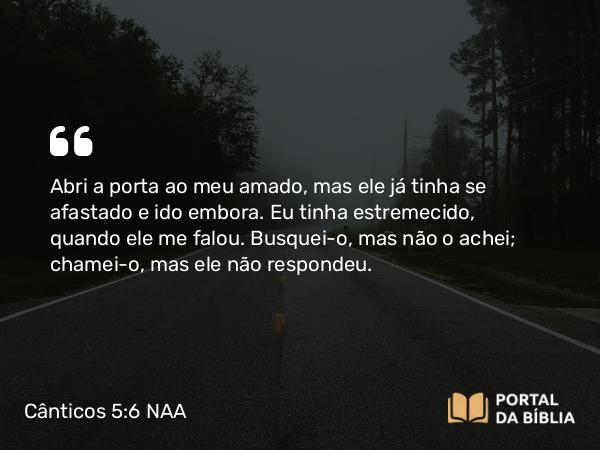 Cânticos 5:6 NAA - Abri a porta ao meu amado, mas ele já tinha se afastado e ido embora. Eu tinha estremecido, quando ele me falou. Busquei-o, mas não o achei; chamei-o, mas ele não respondeu.