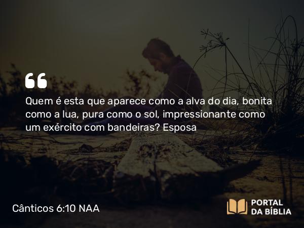 Cânticos 6:10 NAA - Quem é esta que aparece como a alva do dia, bonita como a lua, pura como o sol, impressionante como um exército com bandeiras?