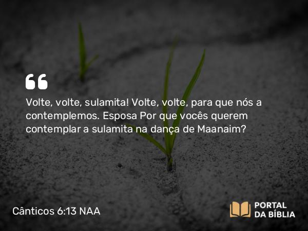 Cânticos 6:13 NAA - Volte, volte, sulamita! Volte, volte, para que nós a contemplemos. Por que vocês querem contemplar a sulamita na dança de Maanaim?