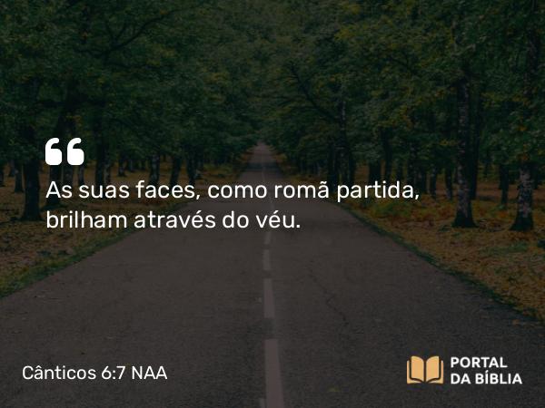 Cânticos 6:7 NAA - As suas faces, como romã partida, brilham através do véu.