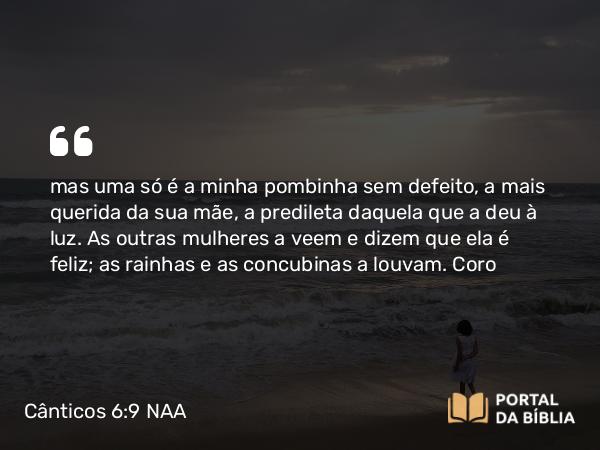 Cânticos 6:9 NAA - mas uma só é a minha pombinha sem defeito, a mais querida da sua mãe, a predileta daquela que a deu à luz. As outras mulheres a veem e dizem que ela é feliz; as rainhas e as concubinas a louvam.