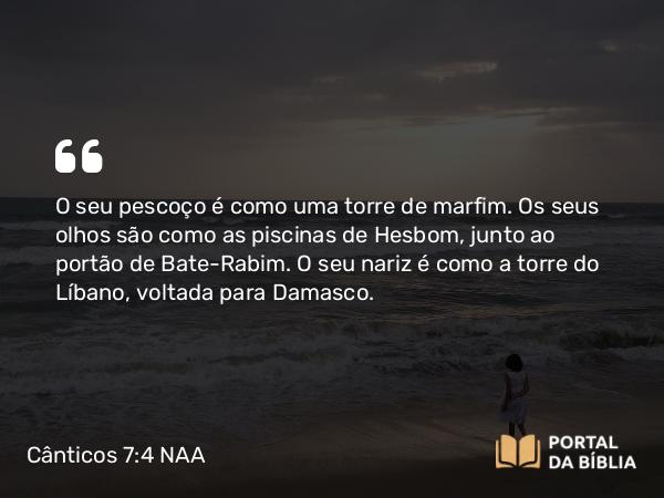 Cânticos 7:4 NAA - O seu pescoço é como uma torre de marfim. Os seus olhos são como as piscinas de Hesbom, junto ao portão de Bate-Rabim. O seu nariz é como a torre do Líbano, voltada para Damasco.