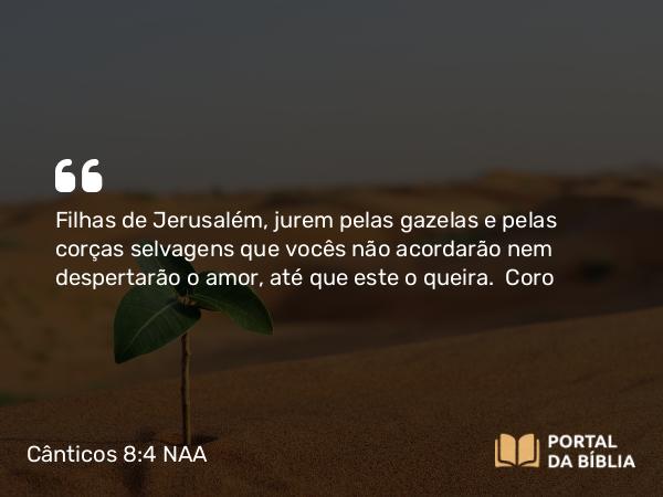 Cânticos 8:4 NAA - Filhas de Jerusalém, jurem pelas gazelas e pelas corças selvagens que vocês não acordarão nem despertarão o amor, até que este o queira.